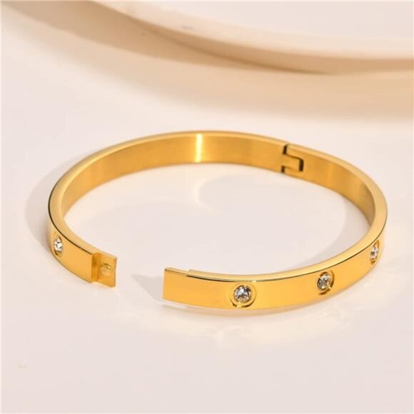 Gold Bracelets for Women, 2Pcs 18K Gold Plated Cubic Zirconia Bangle Crystal - Picture 4 of 7